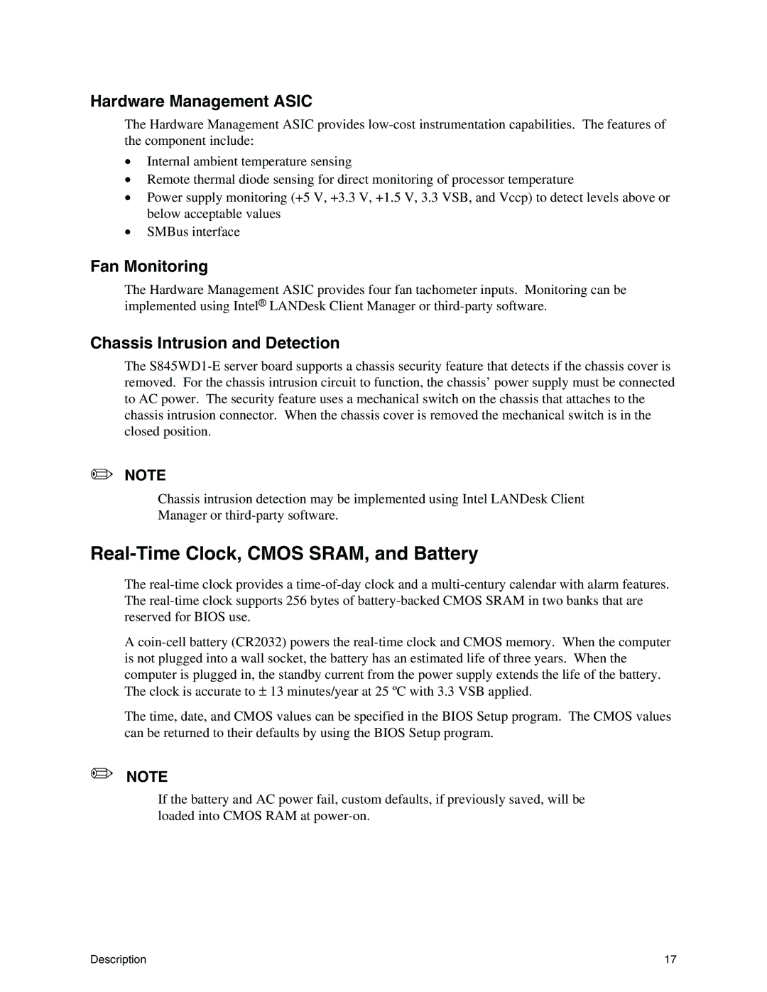 Intel S845WD1-E manual Real-Time Clock, Cmos SRAM, and Battery, Hardware Management Asic, Fan Monitoring 