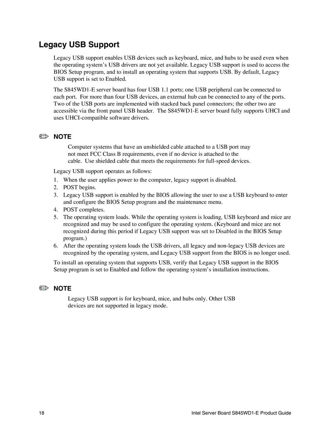 Intel S845WD1-E manual Legacy USB Support 