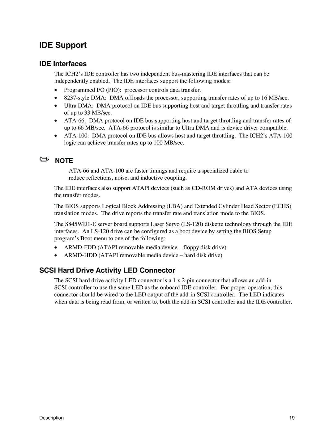 Intel S845WD1-E manual IDE Support, IDE Interfaces, Scsi Hard Drive Activity LED Connector 