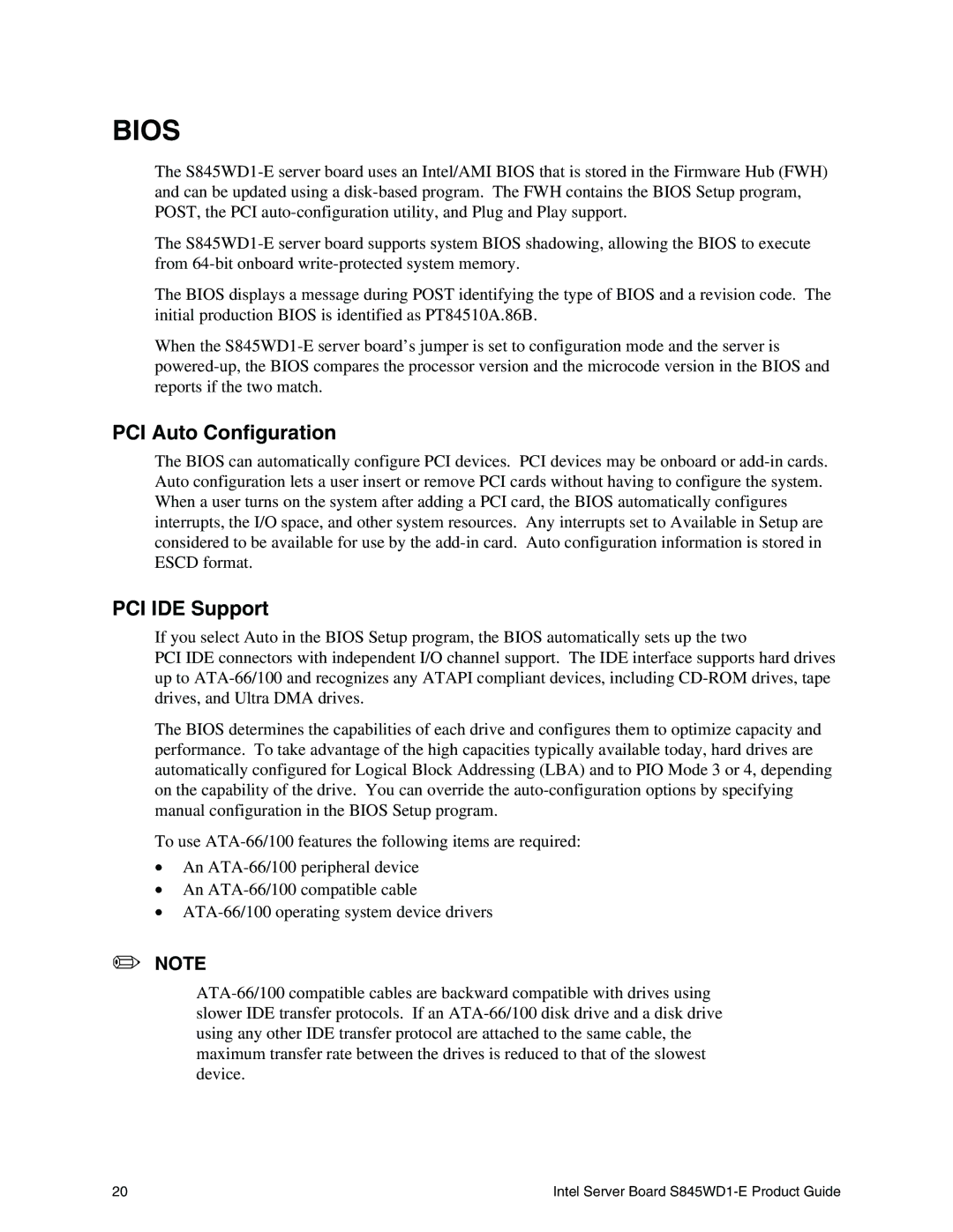 Intel S845WD1-E manual PCI Auto Configuration, PCI IDE Support 