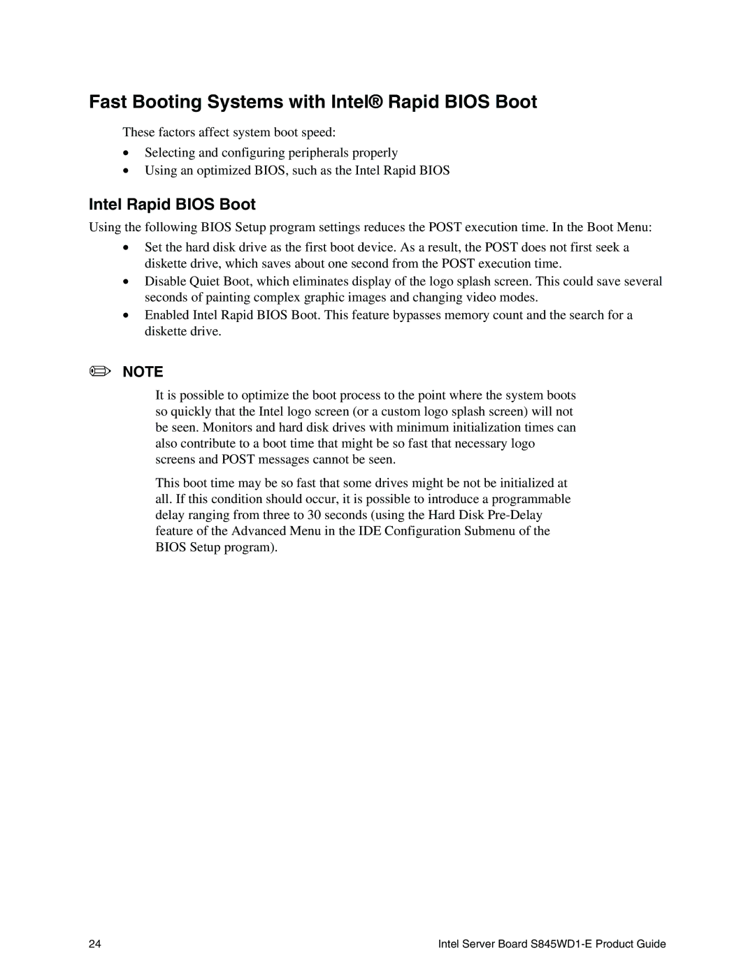 Intel S845WD1-E manual Fast Booting Systems with Intel Rapid Bios Boot 