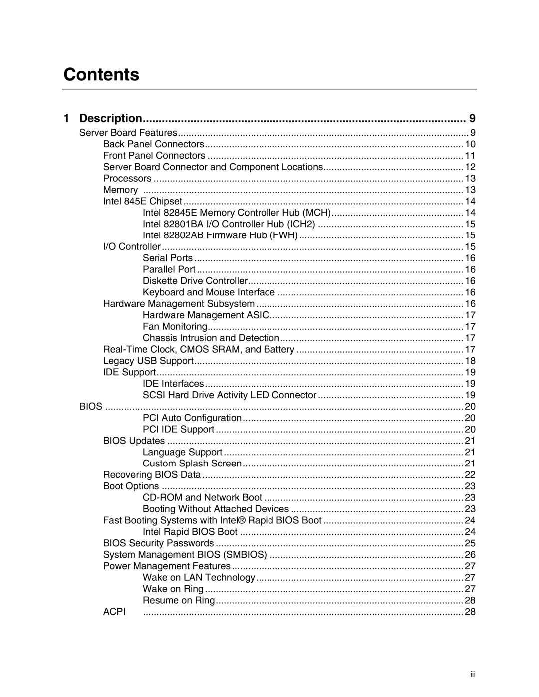 Intel S845WD1-E manual Contents 