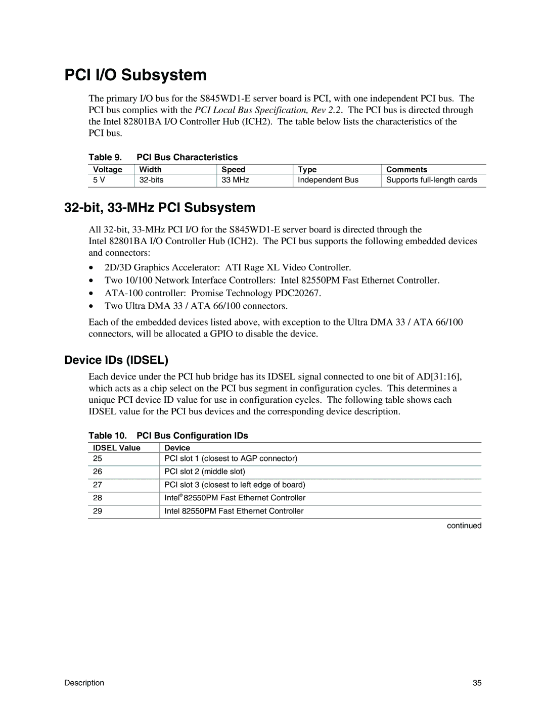 Intel S845WD1-E manual PCI I/O Subsystem, 32-bit, 33-MHz PCI Subsystem, Device IDs Idsel, PCI Bus Characteristics 