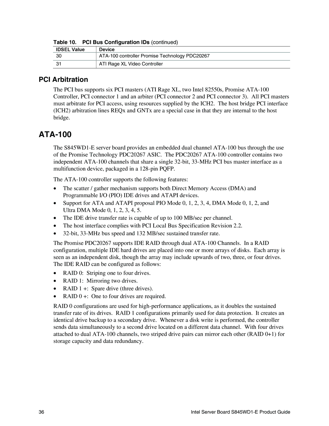 Intel S845WD1-E manual ATA-100, PCI Arbitration 