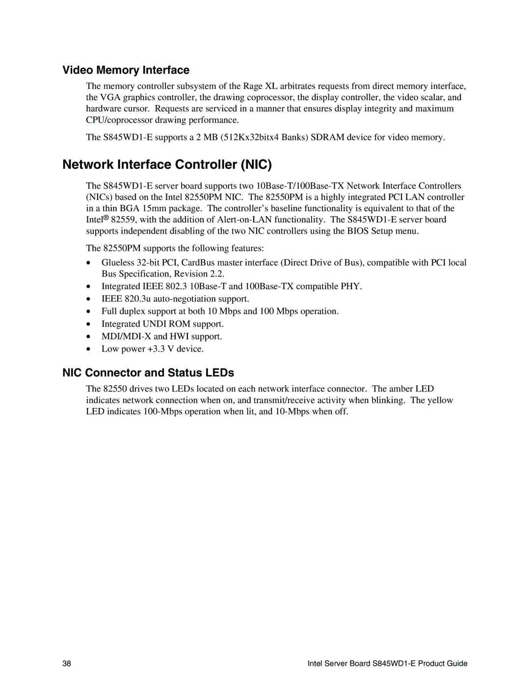 Intel S845WD1-E manual Network Interface Controller NIC, Video Memory Interface, NIC Connector and Status LEDs 