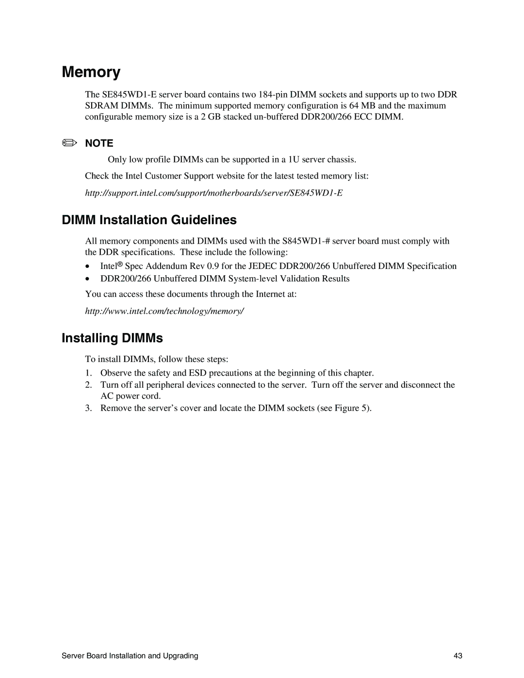 Intel S845WD1-E manual Memory, Dimm Installation Guidelines, Installing DIMMs 