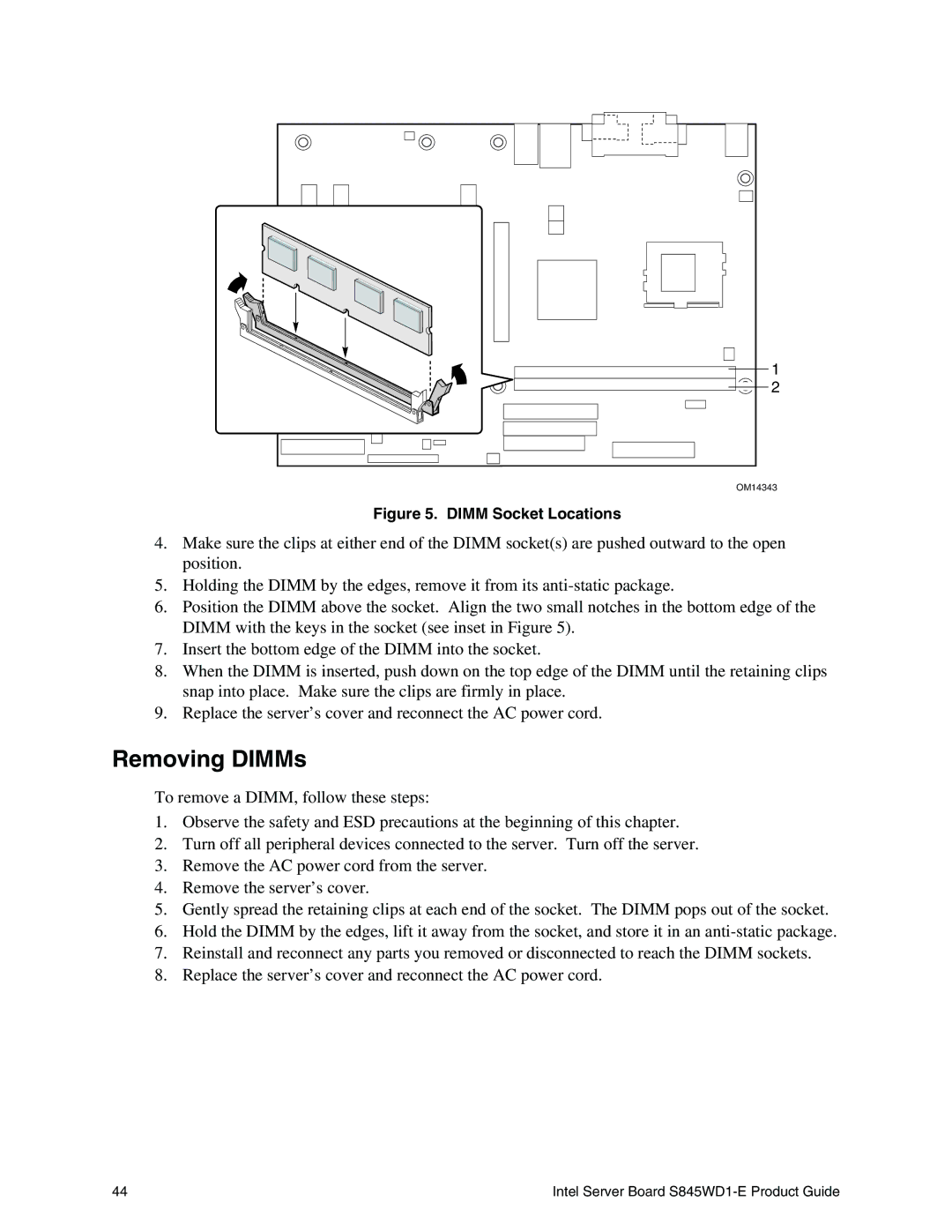 Intel S845WD1-E manual Removing DIMMs, Dimm Socket Locations 