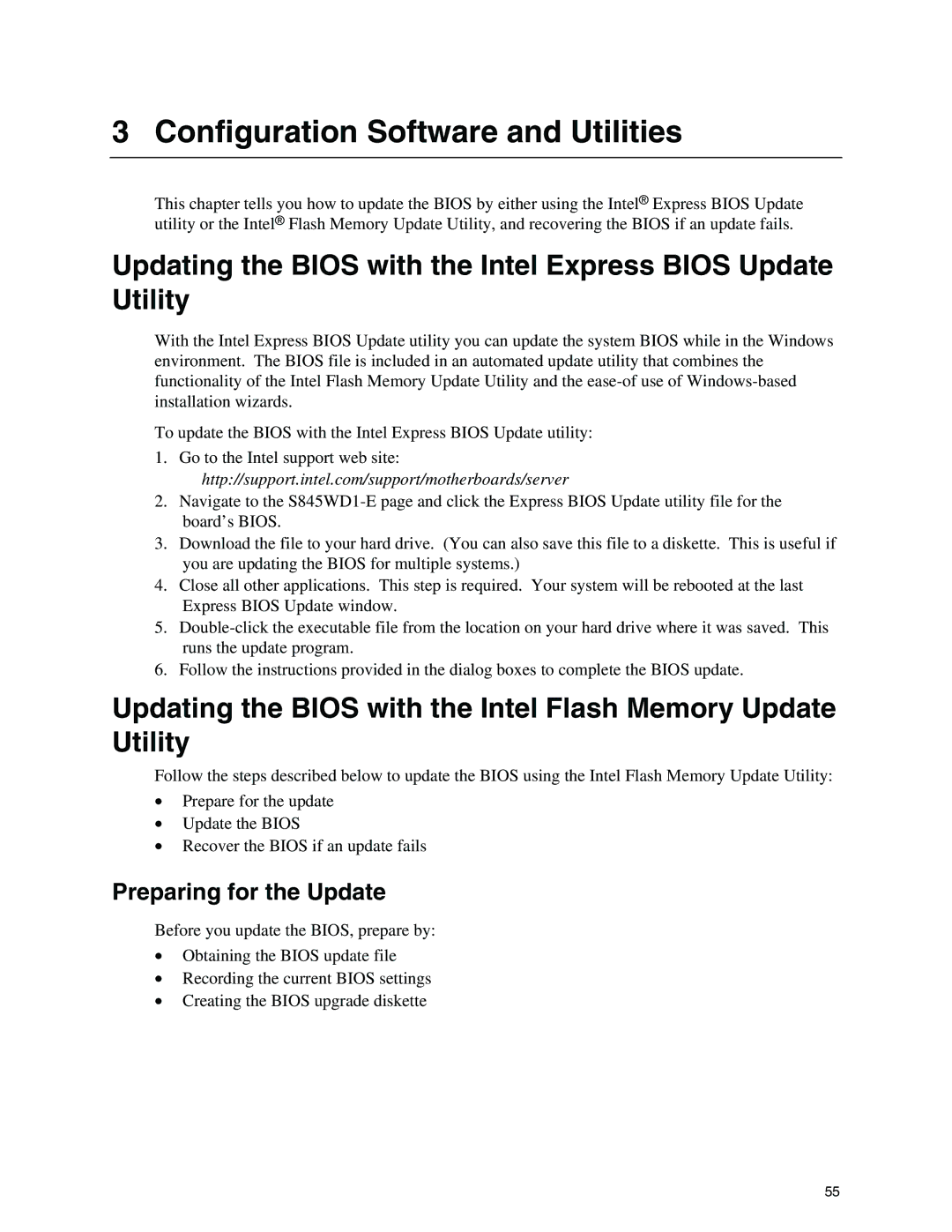 Intel S845WD1-E manual Updating the Bios with the Intel Express Bios Update Utility, Preparing for the Update 