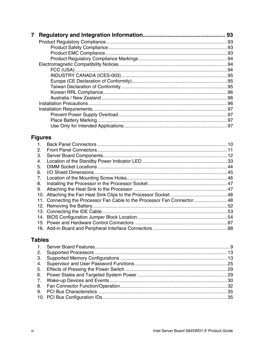 Intel S845WD1-E manual Regulatory and Integration Information, Tables 