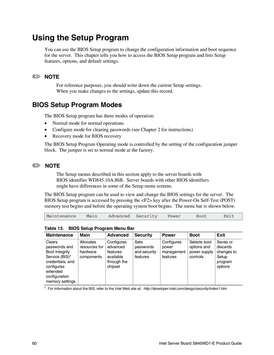 Intel S845WD1-E manual Using the Setup Program, Bios Setup Program Modes 