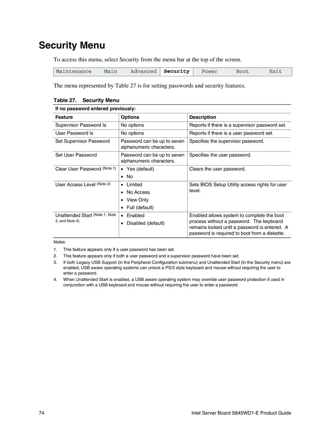 Intel S845WD1-E manual Security Menu 