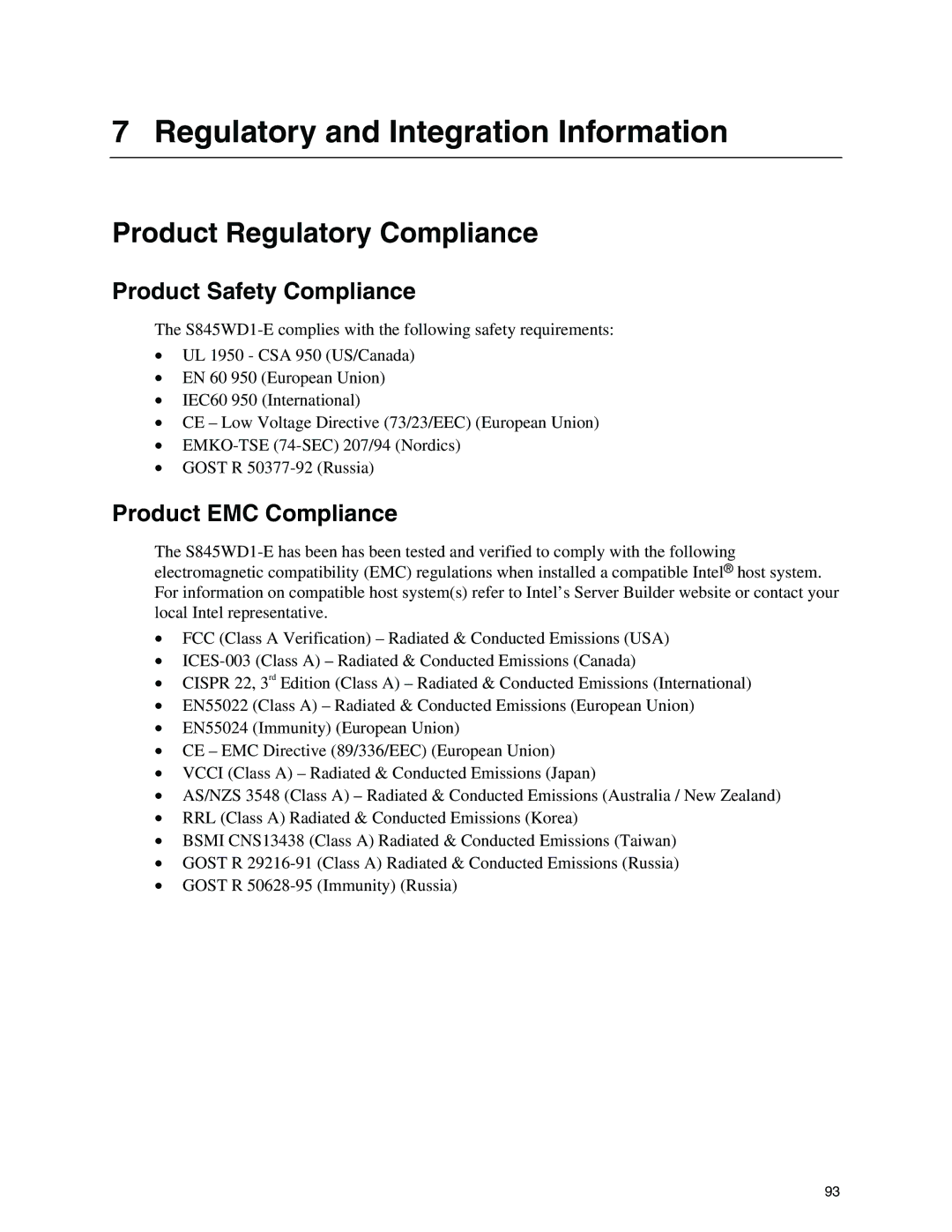 Intel S845WD1-E manual Product Regulatory Compliance, Product Safety Compliance, Product EMC Compliance 