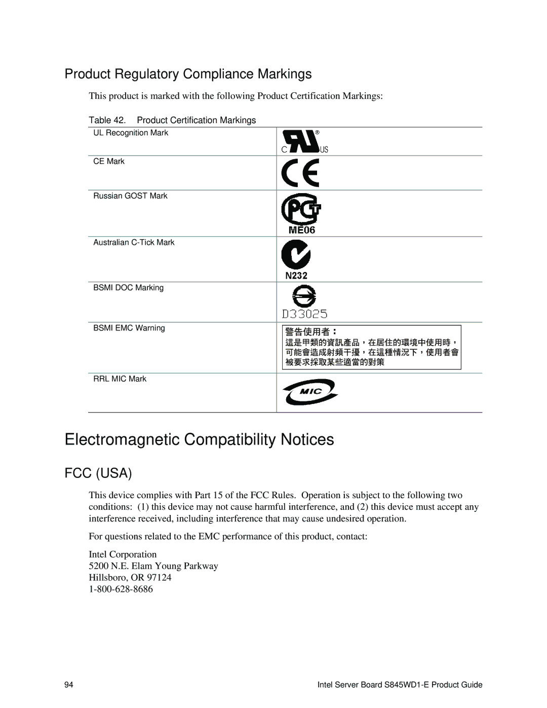 Intel S845WD1-E manual Electromagnetic Compatibility Notices, Product Regulatory Compliance Markings 