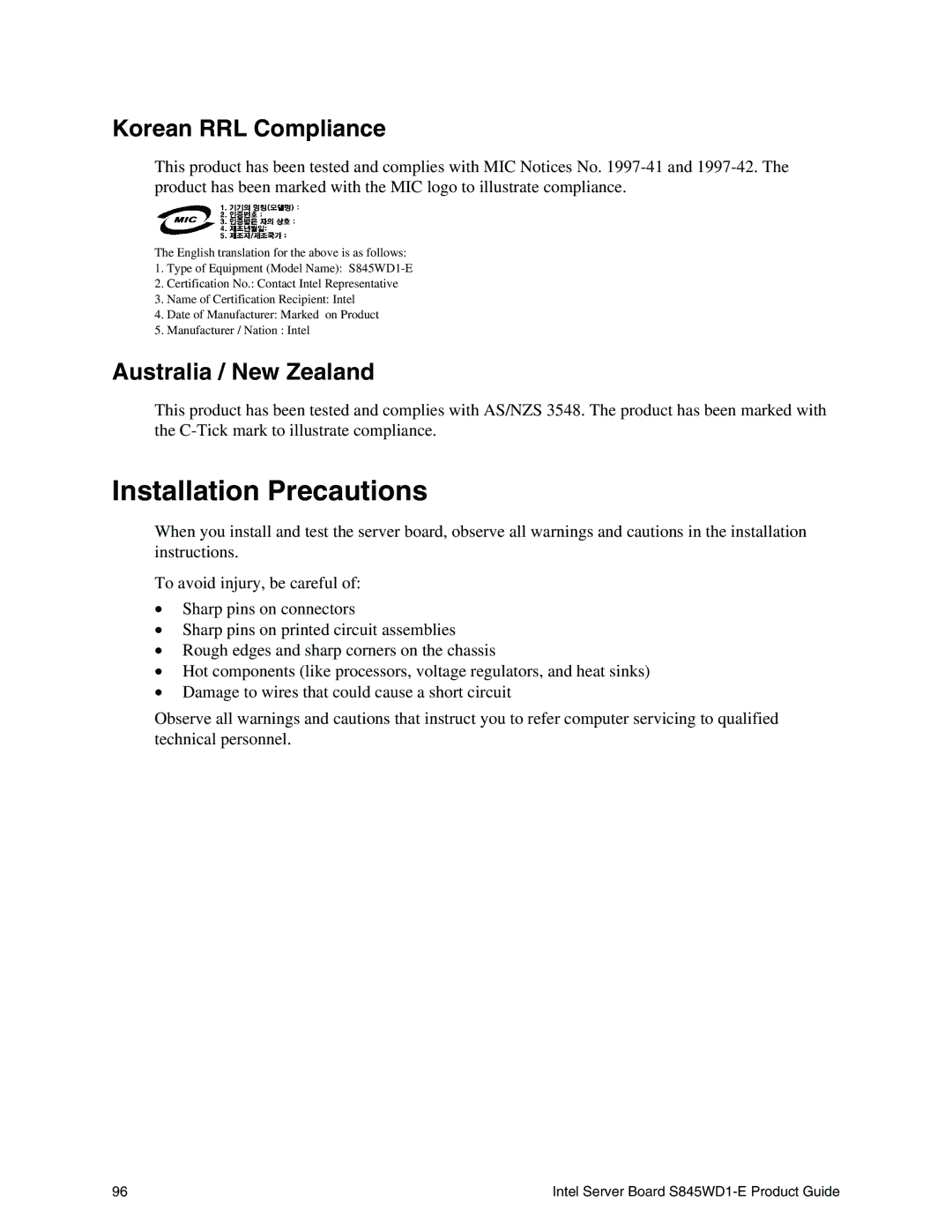 Intel S845WD1-E manual Installation Precautions, Korean RRL Compliance, Australia / New Zealand 