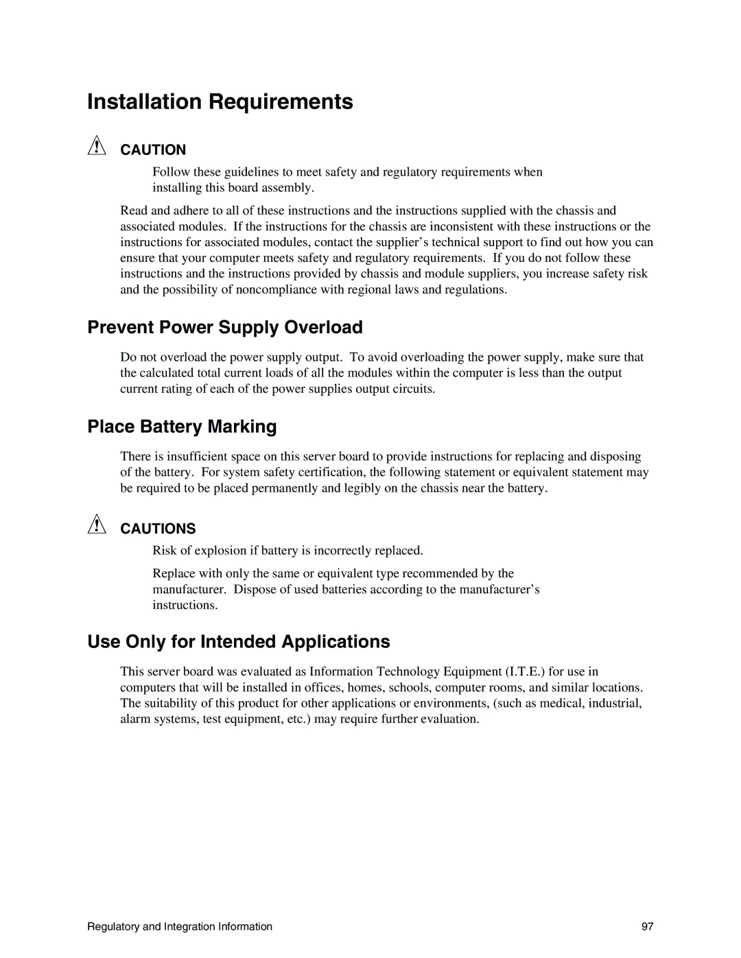 Intel S845WD1-E manual Installation Requirements, Prevent Power Supply Overload, Place Battery Marking 