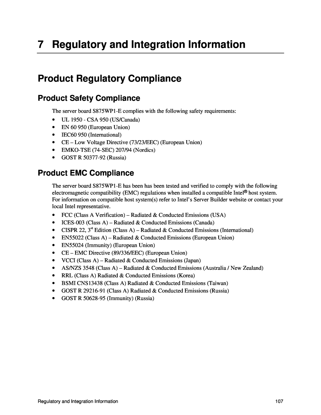 Intel S875WP1-E manual Regulatory and Integration Information, Product Regulatory Compliance, Product Safety Compliance 