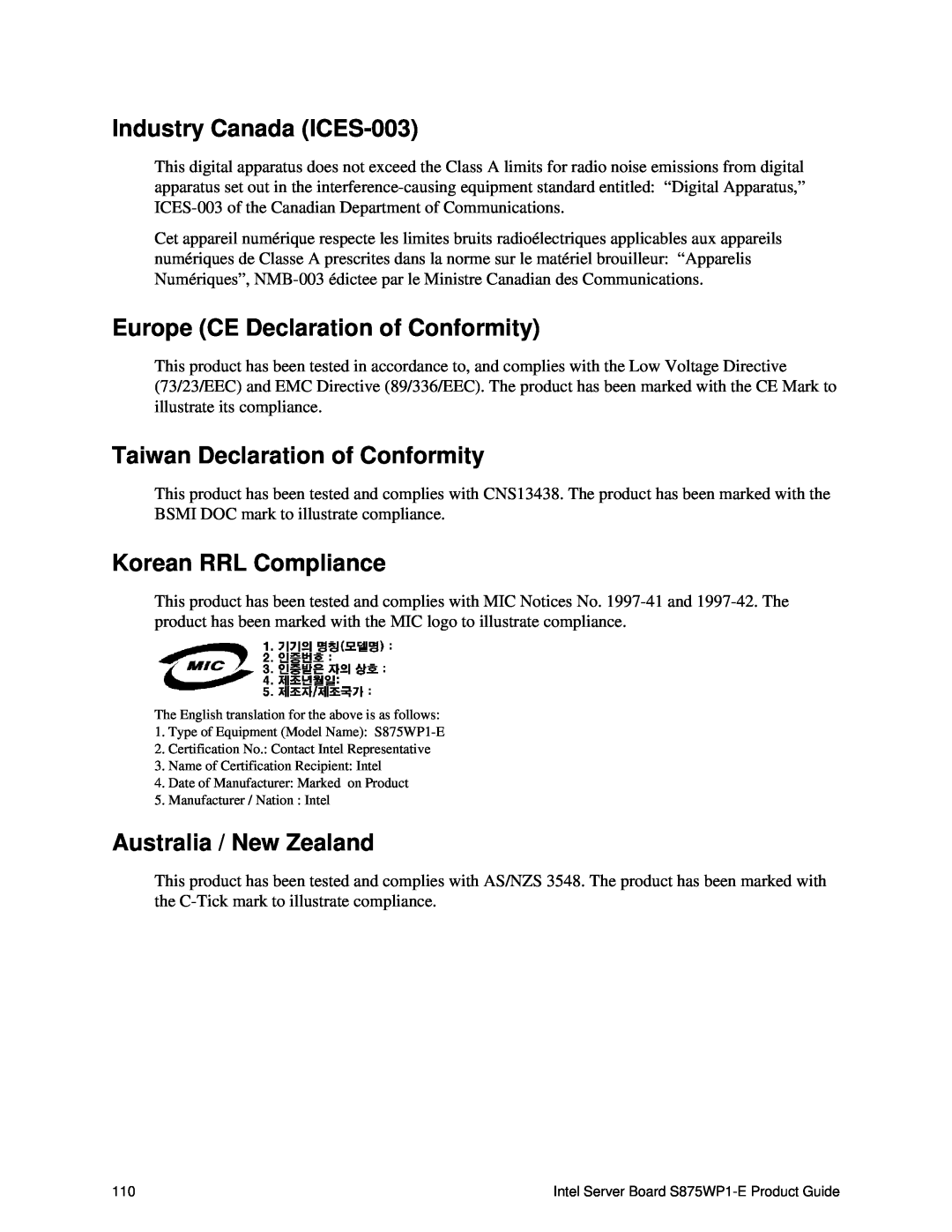 Intel S875WP1-E manual Industry Canada ICES-003, Europe CE Declaration of Conformity, Taiwan Declaration of Conformity 