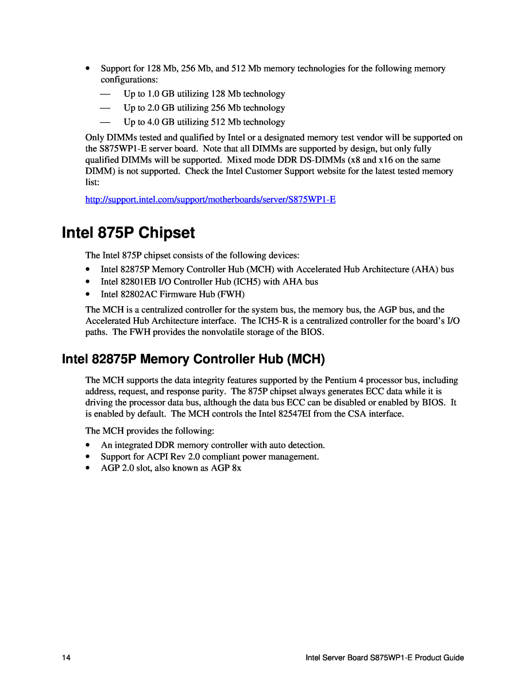 Intel S875WP1-E manual Intel 875P Chipset, Intel 82875P Memory Controller Hub MCH 