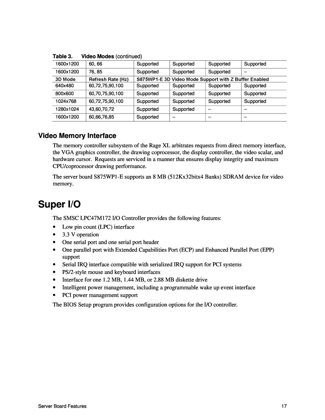 Intel S875WP1-E manual Super I/O, Video Memory Interface 