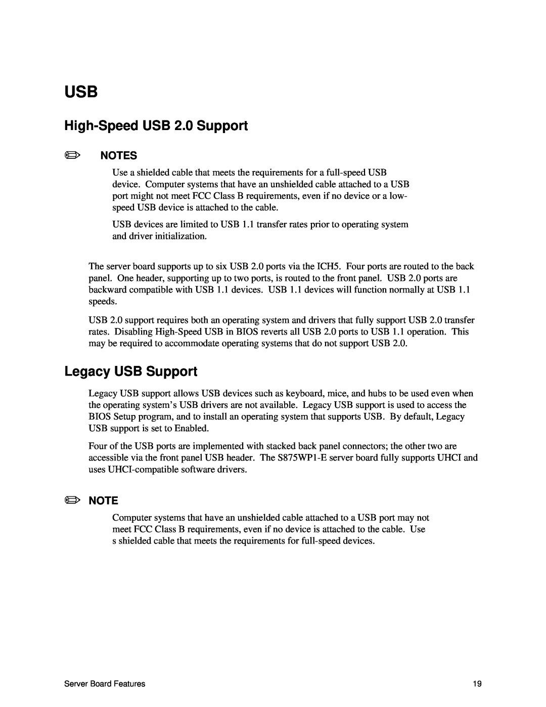 Intel S875WP1-E manual High-Speed USB 2.0 Support, Legacy USB Support 