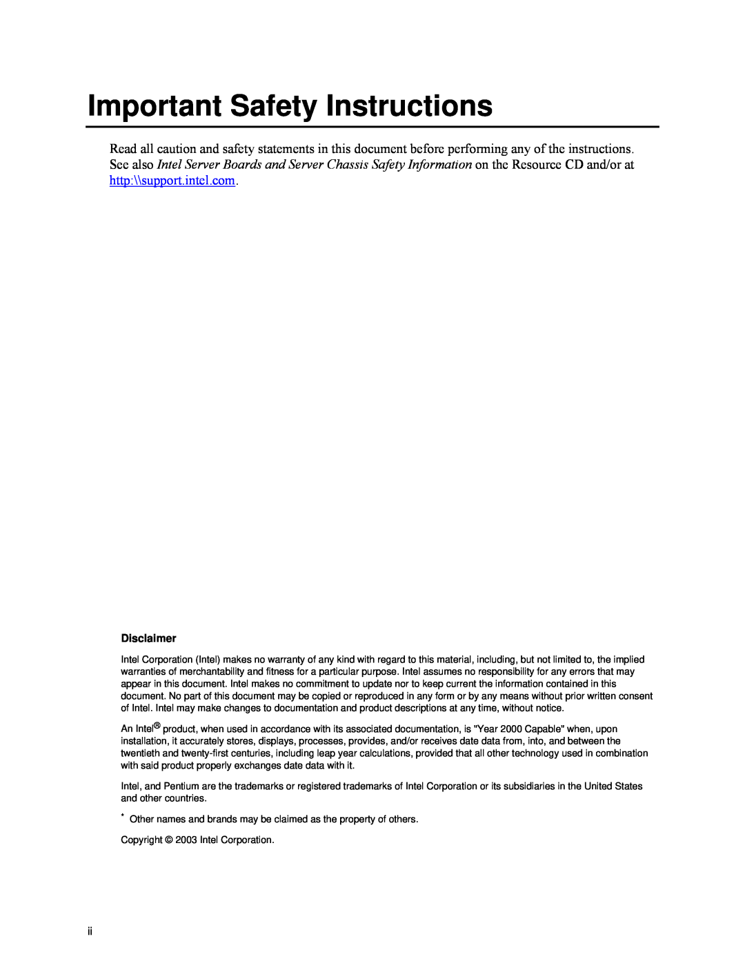 Intel S875WP1-E manual Important Safety Instructions, Disclaimer 