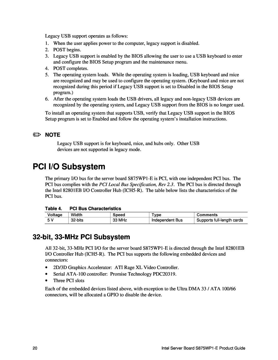 Intel S875WP1-E manual PCI I/O Subsystem, 32-bit, 33-MHz PCI Subsystem 