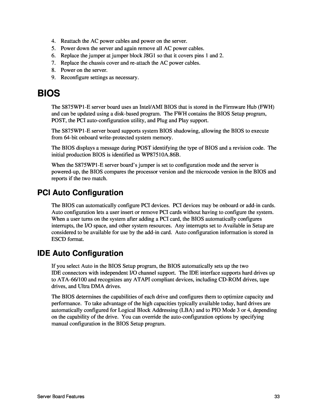 Intel S875WP1-E manual Bios, PCI Auto Configuration, IDE Auto Configuration 