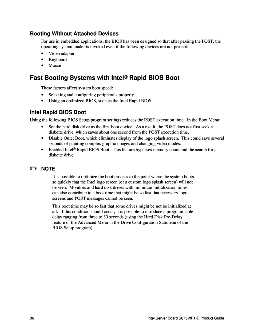 Intel S875WP1-E manual Fast Booting Systems with Intel Rapid BIOS Boot, Booting Without Attached Devices 
