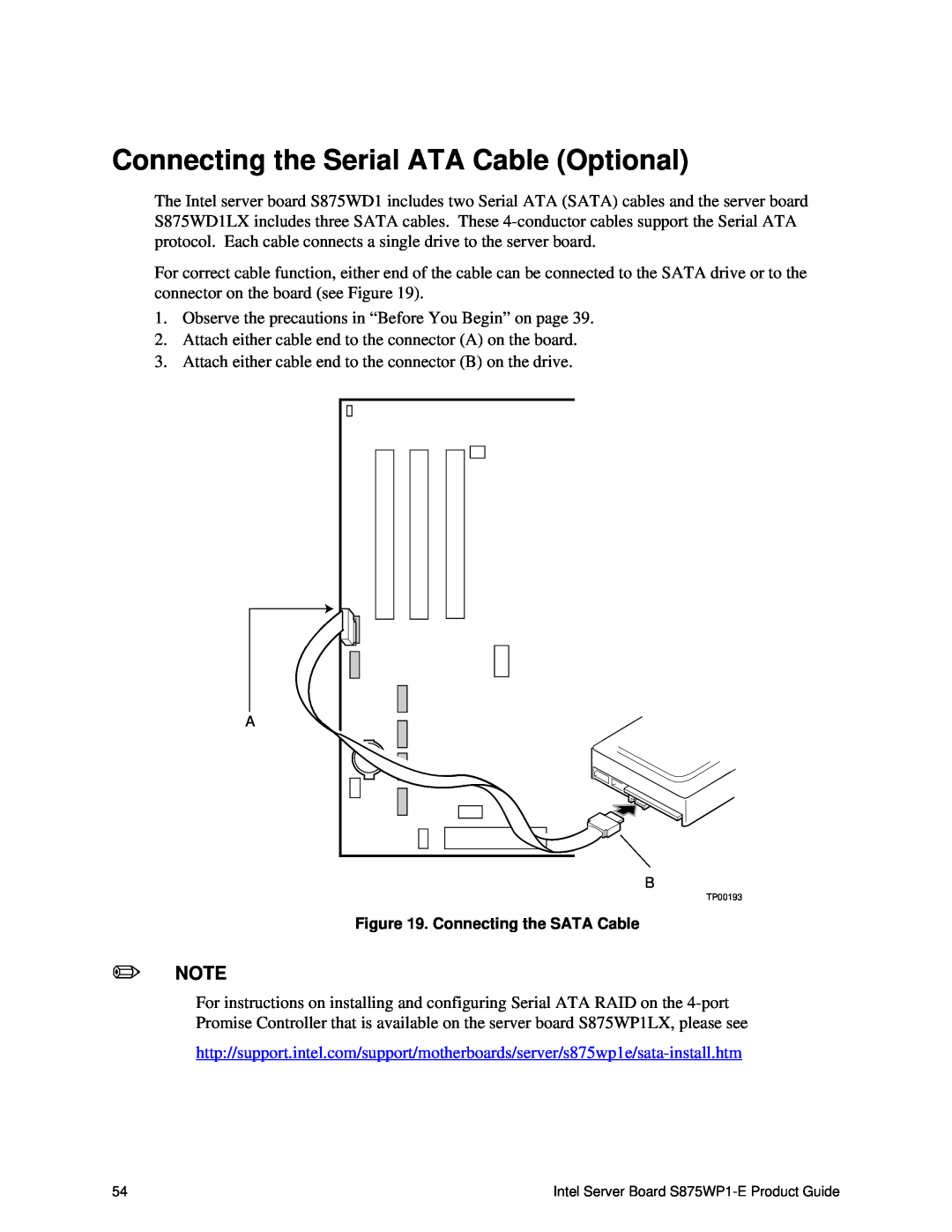 Intel S875WP1-E manual Connecting the Serial ATA Cable Optional, Connecting the SATA Cable 