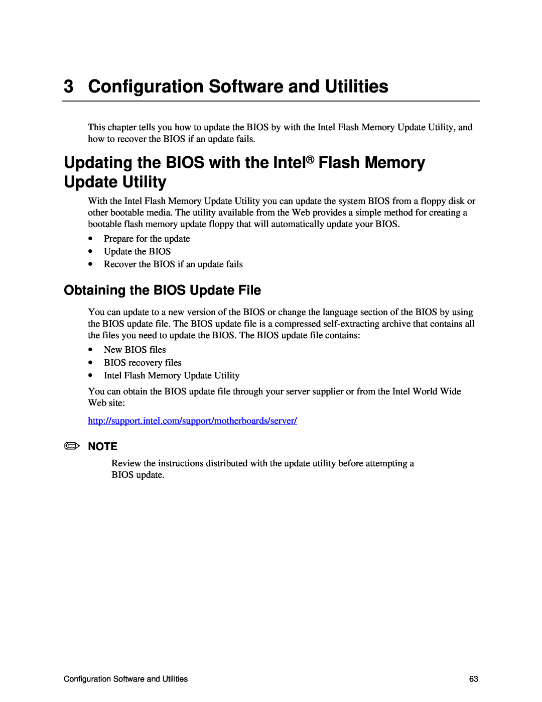 Intel S875WP1-E manual Configuration Software and Utilities, Updating the BIOS with the Intel Flash Memory Update Utility 