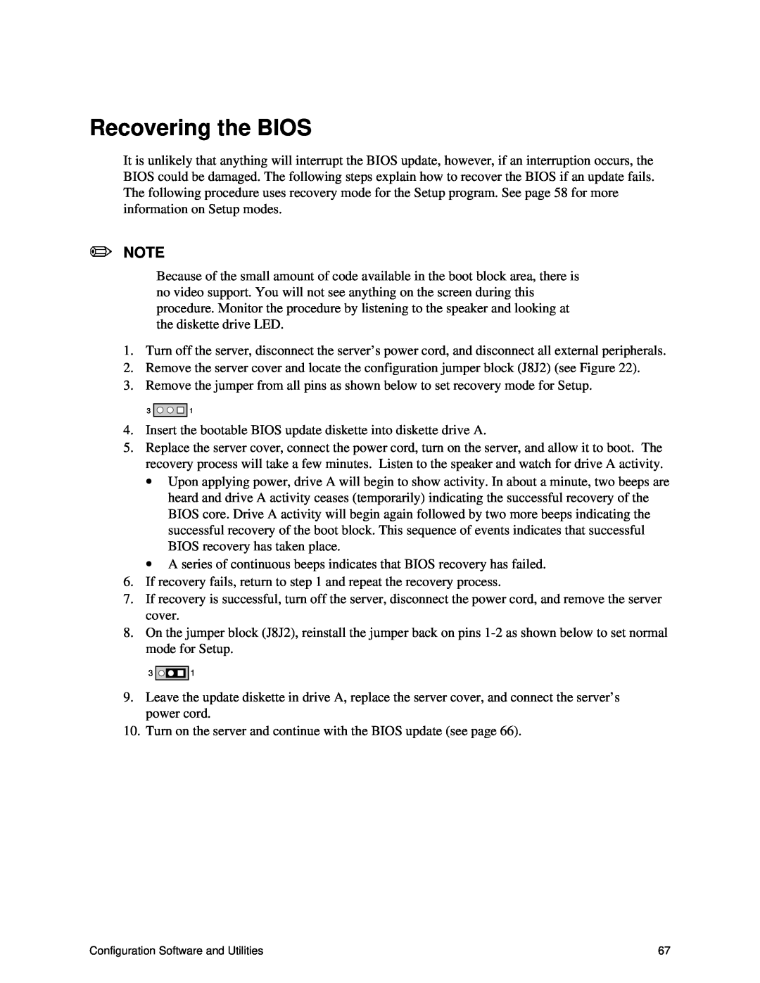 Intel S875WP1-E manual Recovering the BIOS 