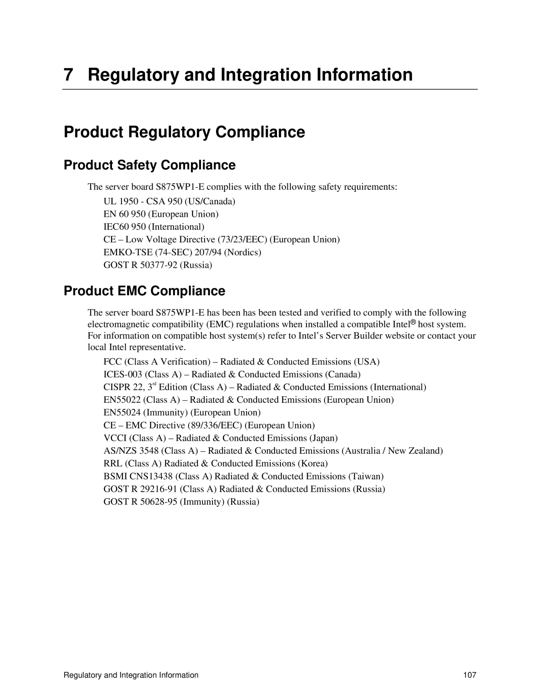 Intel S875WP1-E manual Product Regulatory Compliance, Product Safety Compliance, Product EMC Compliance 