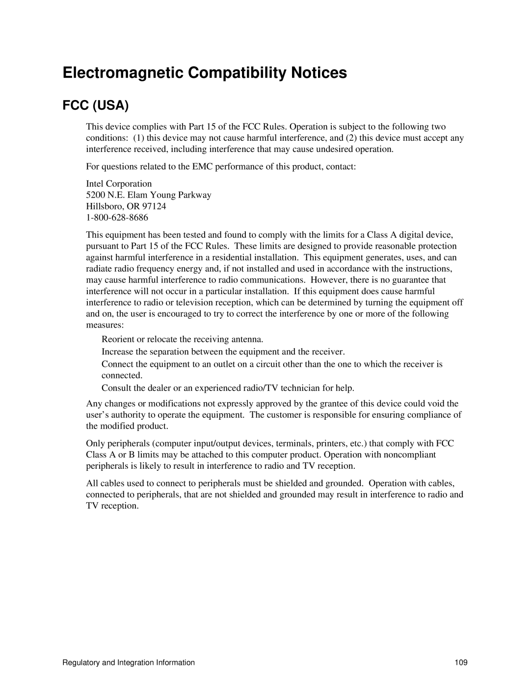 Intel S875WP1-E manual Electromagnetic Compatibility Notices, Fcc Usa 