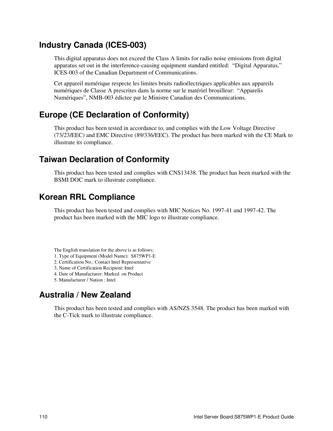 Intel S875WP1-E manual Industry Canada ICES-003, Europe CE Declaration of Conformity, Taiwan Declaration of Conformity 