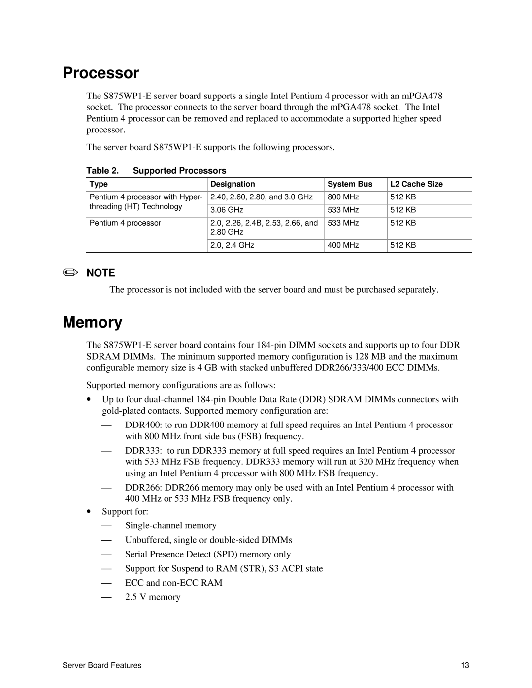 Intel S875WP1-E manual Memory, Supported Processors, Type Designation System Bus L2 Cache Size 