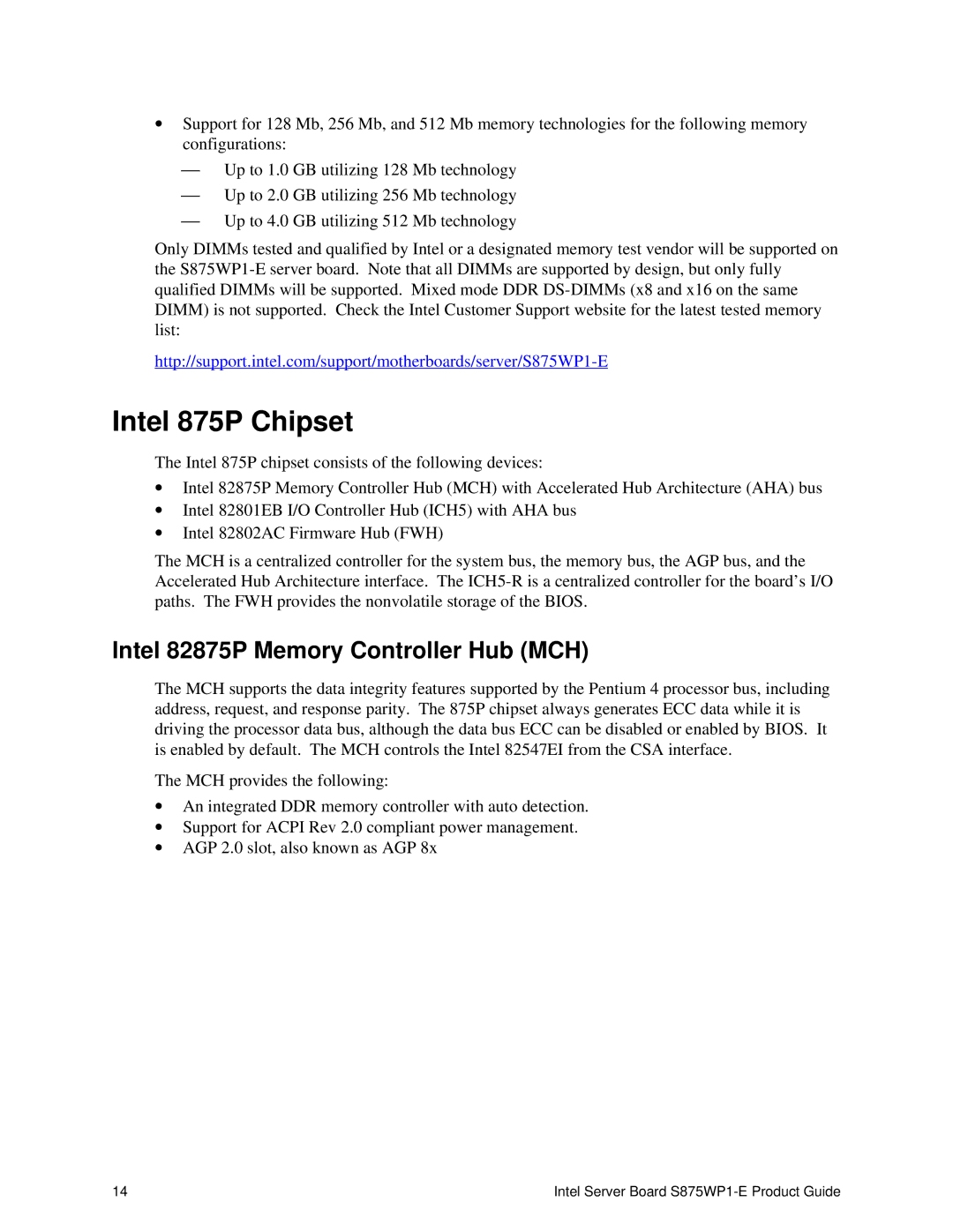 Intel S875WP1-E manual Intel 875P Chipset, Intel 82875P Memory Controller Hub MCH 