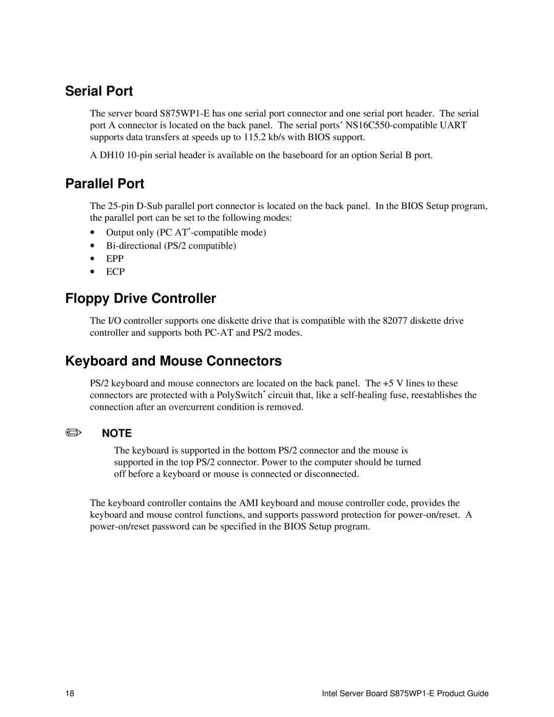 Intel S875WP1-E manual Serial Port, Parallel Port, Floppy Drive Controller, Keyboard and Mouse Connectors 