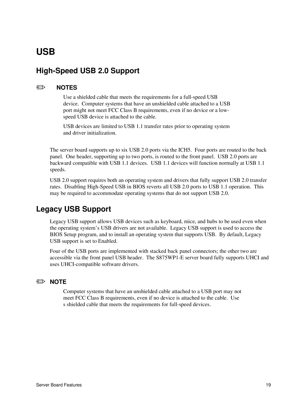 Intel S875WP1-E manual High-Speed USB 2.0 Support, Legacy USB Support 