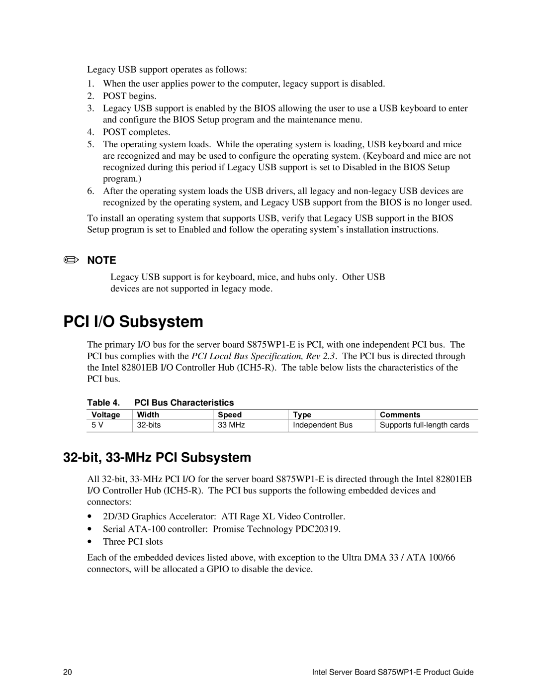 Intel S875WP1-E manual PCI I/O Subsystem, 32-bit, 33-MHz PCI Subsystem, PCI Bus Characteristics 