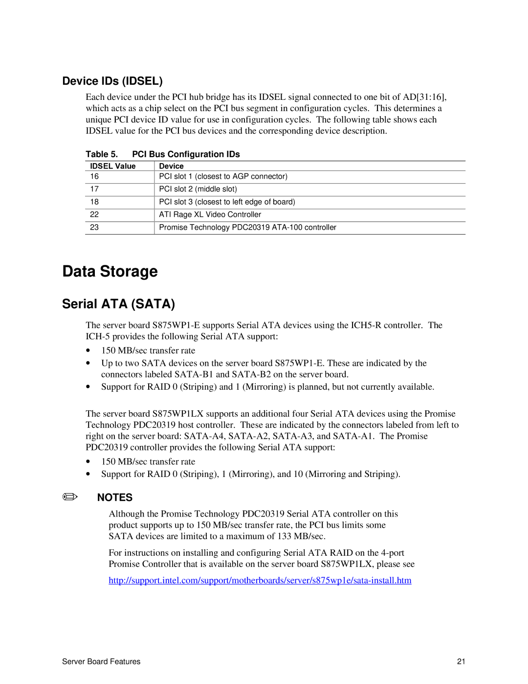 Intel S875WP1-E manual Data Storage, Serial ATA Sata, Device IDs Idsel, PCI Bus Configuration IDs 