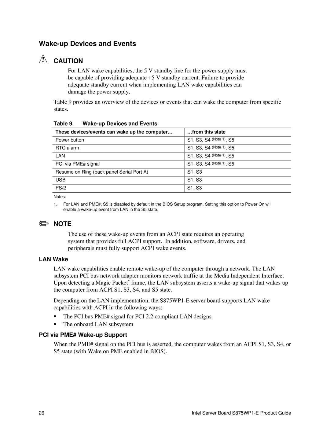 Intel S875WP1-E manual Wake-up Devices and Events, Usb 