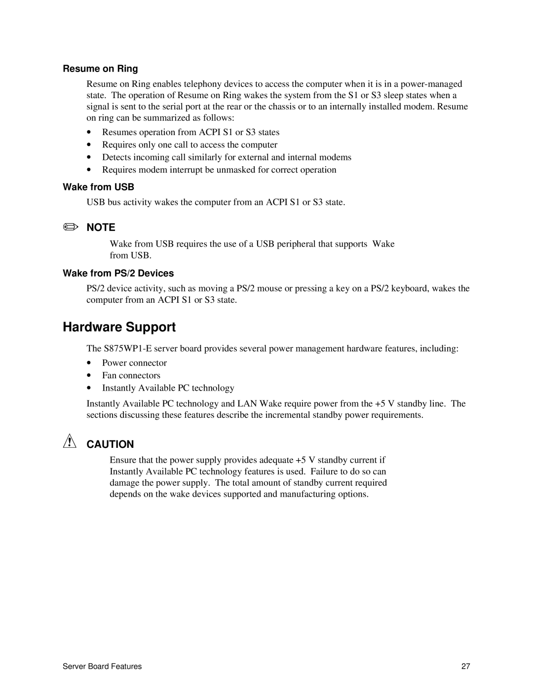 Intel S875WP1-E manual Hardware Support, Resume on Ring 