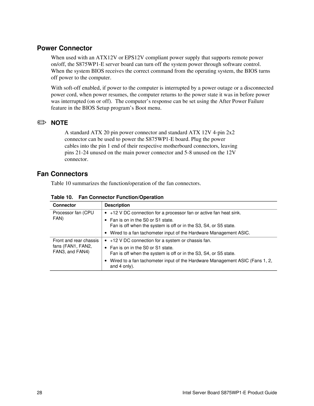 Intel S875WP1-E manual Power Connector, Fan Connectors, Fan Connector Function/Operation, Connector Description 