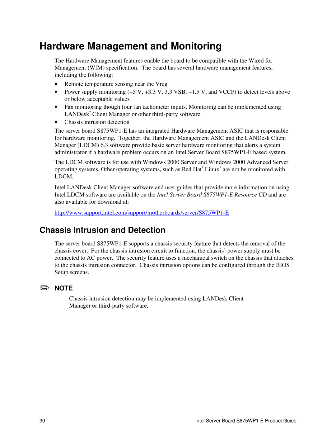 Intel S875WP1-E manual Hardware Management and Monitoring, Chassis Intrusion and Detection 