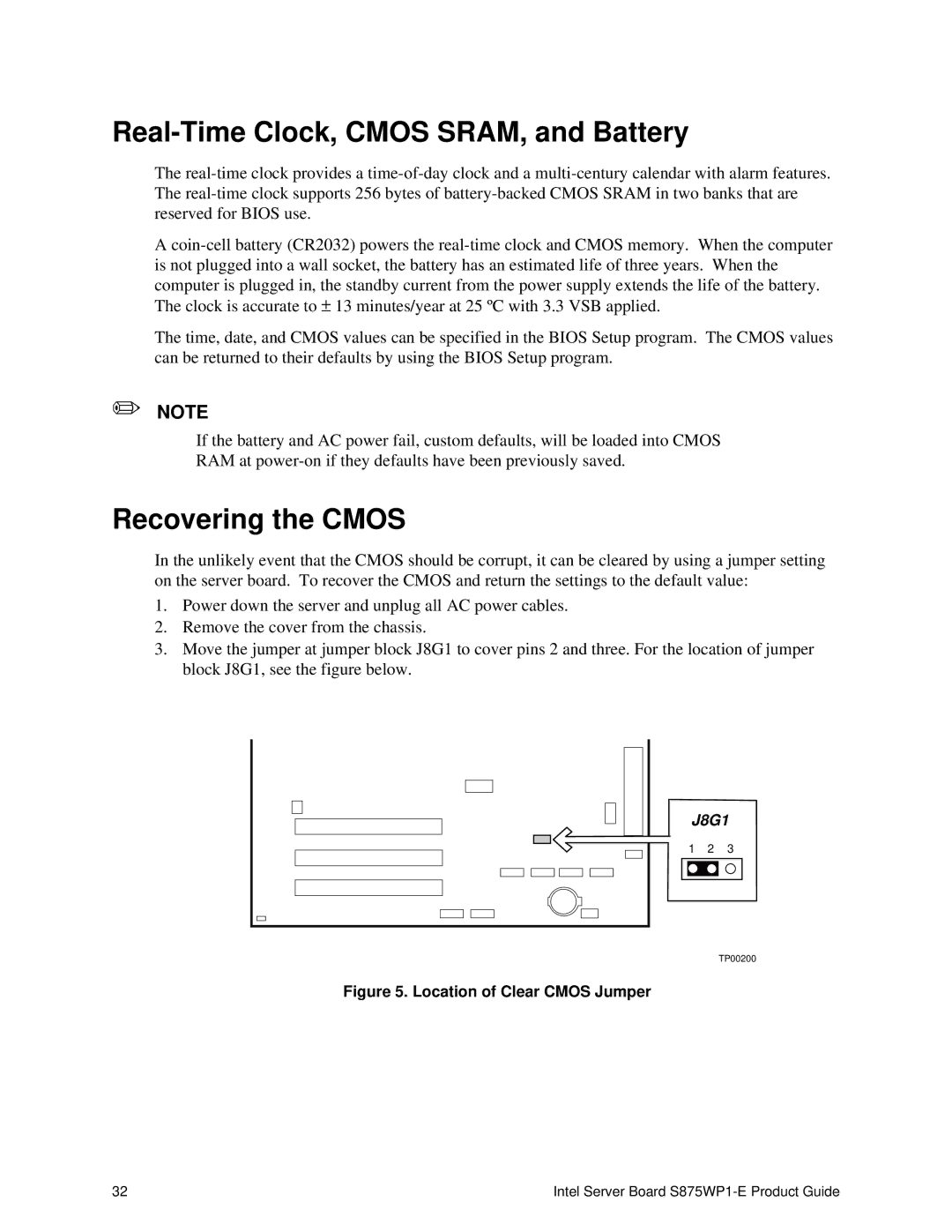 Intel S875WP1-E manual Real-Time Clock, Cmos SRAM, and Battery, Recovering the Cmos 