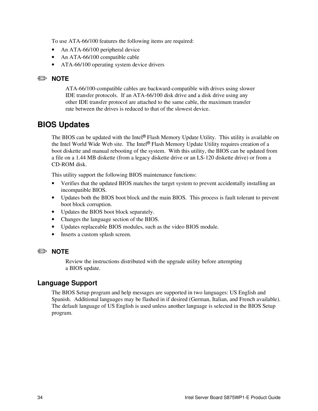 Intel S875WP1-E manual Bios Updates, Language Support 