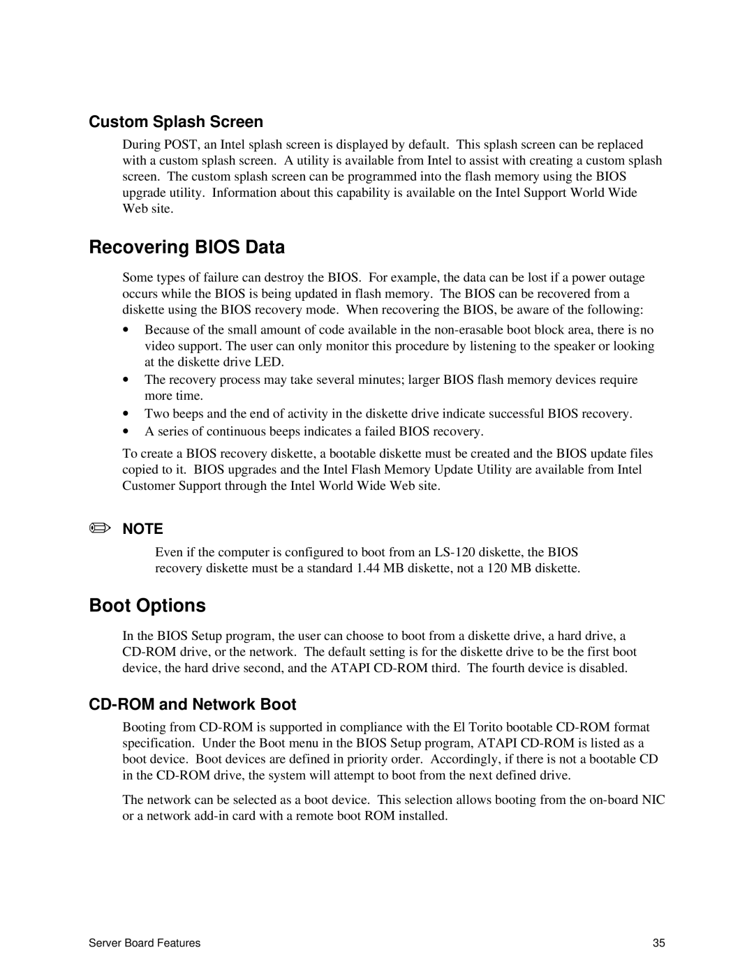 Intel S875WP1-E manual Recovering Bios Data, Boot Options, Custom Splash Screen, CD-ROM and Network Boot 