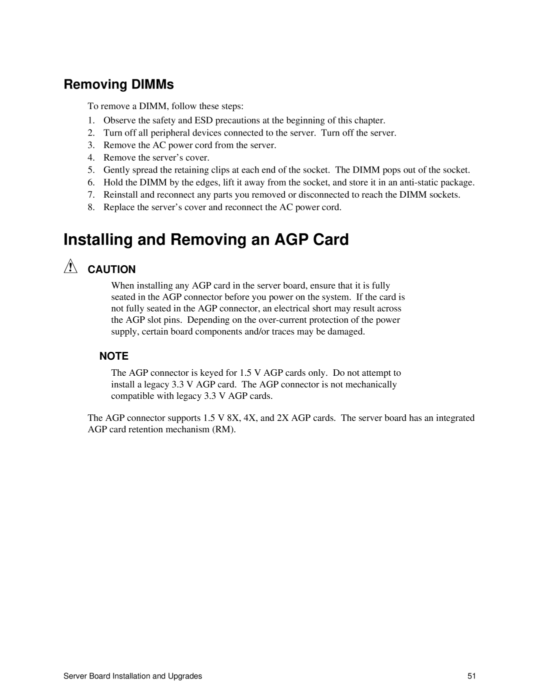 Intel S875WP1-E manual Installing and Removing an AGP Card, Removing DIMMs 