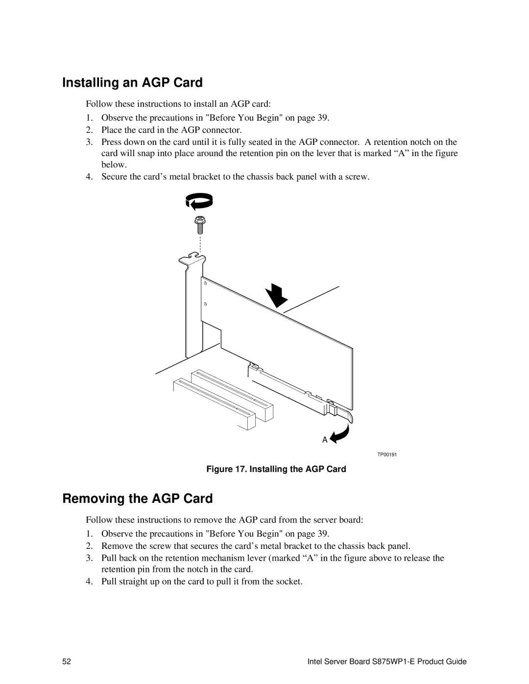 Intel S875WP1-E manual Installing an AGP Card, Removing the AGP Card 