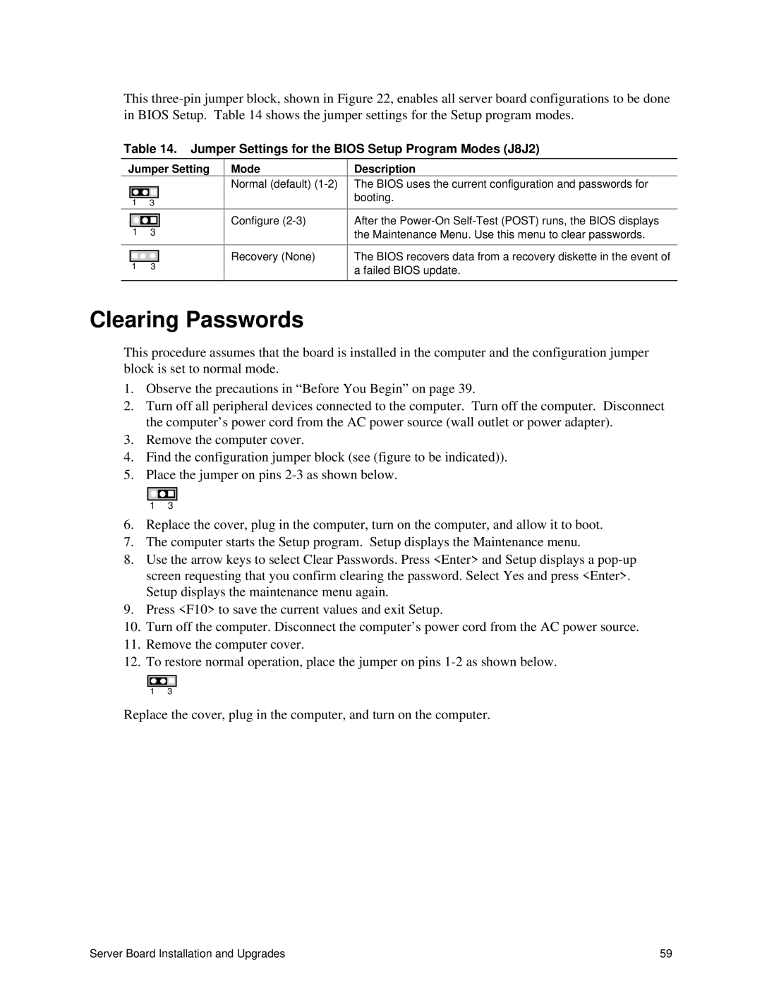 Intel S875WP1-E Clearing Passwords, Jumper Settings for the Bios Setup Program Modes J8J2, Jumper Setting Mode Description 